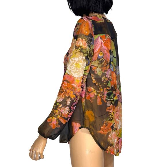 Dark Floral Sheer Blouse S Brown Multi Pin Pleats Fairycore Whimsigoth Ethereal - Picture 7 of 12